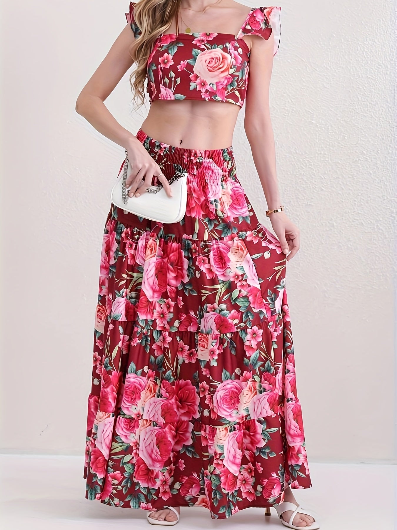 Vacation Style Floral Print Two-piece Set, Ruffle Trim Crop Top & High Waist Swing Skirt Outfits, Women's Clothing