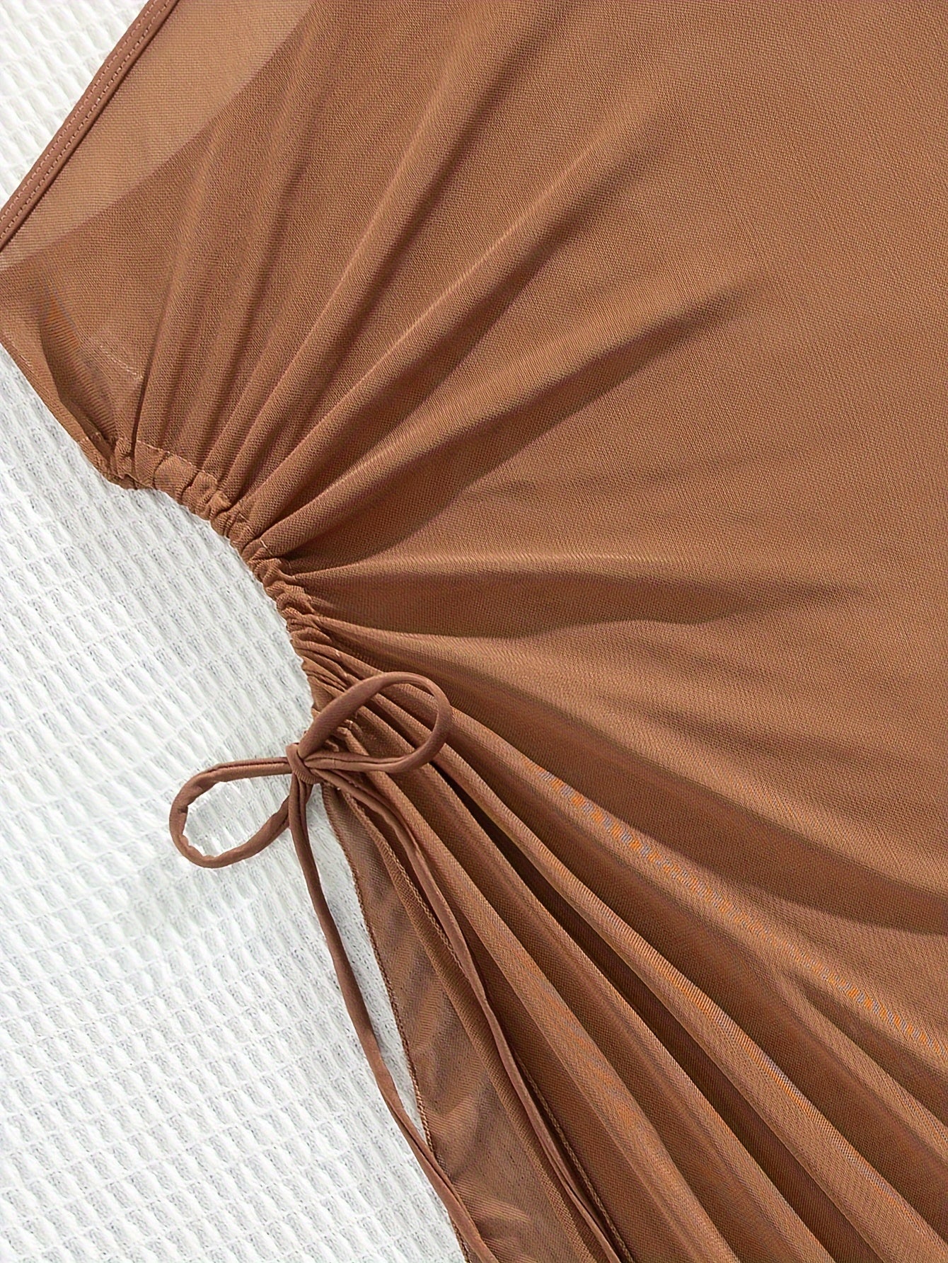 Women's 3pcs Brown Bikini Set with One-Shoulder Ruched Top, High-Waisted Bottoms & Sheer Side-Slit Cover-Up Dress - Elegant Beachwear in Stretchy Polyester/Elastane Blend, Beachwear Essentials|Tankstyle Dress|Stretchy Fabric,