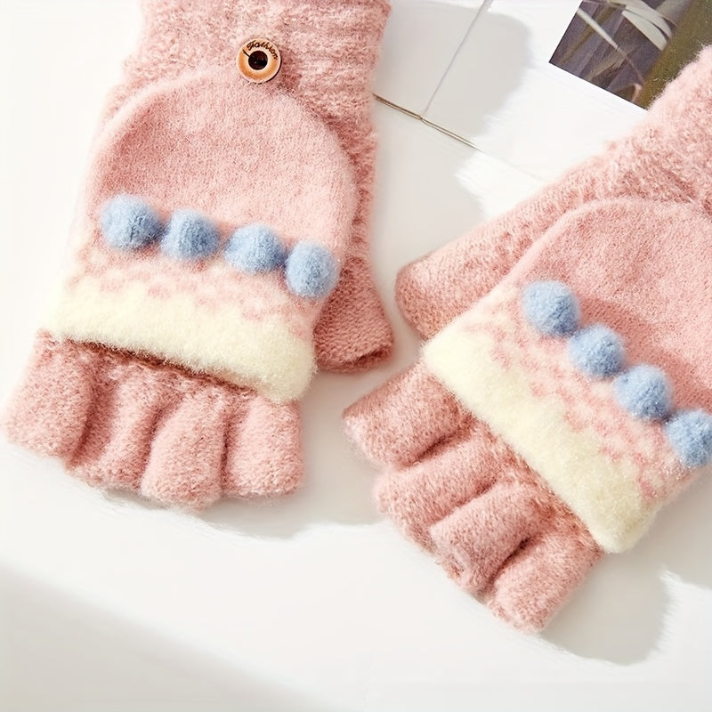 Cute Sweet Jacquard Convertible Mittens Short Thick Warm Half Finger Knit Gloves Autumn Winter Coldproof Windproof Touchscreen Gloves