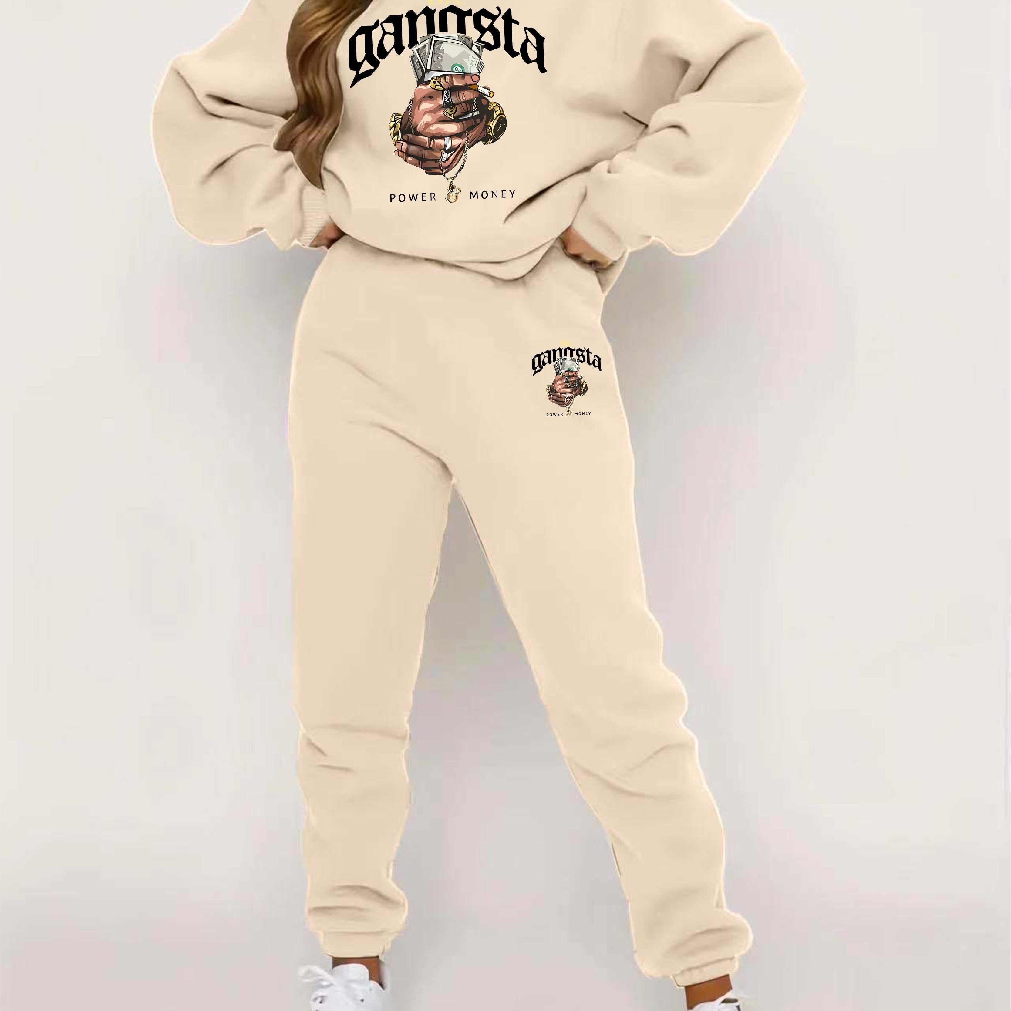 Two-Piece Pants Set - Casual Graphic Print, Warm Fleece, Long Sleeve Crew Neck Pullover Shirt, Skinny Elastic Waist Pants, Women's Clothing Outfits for Everyday Wear