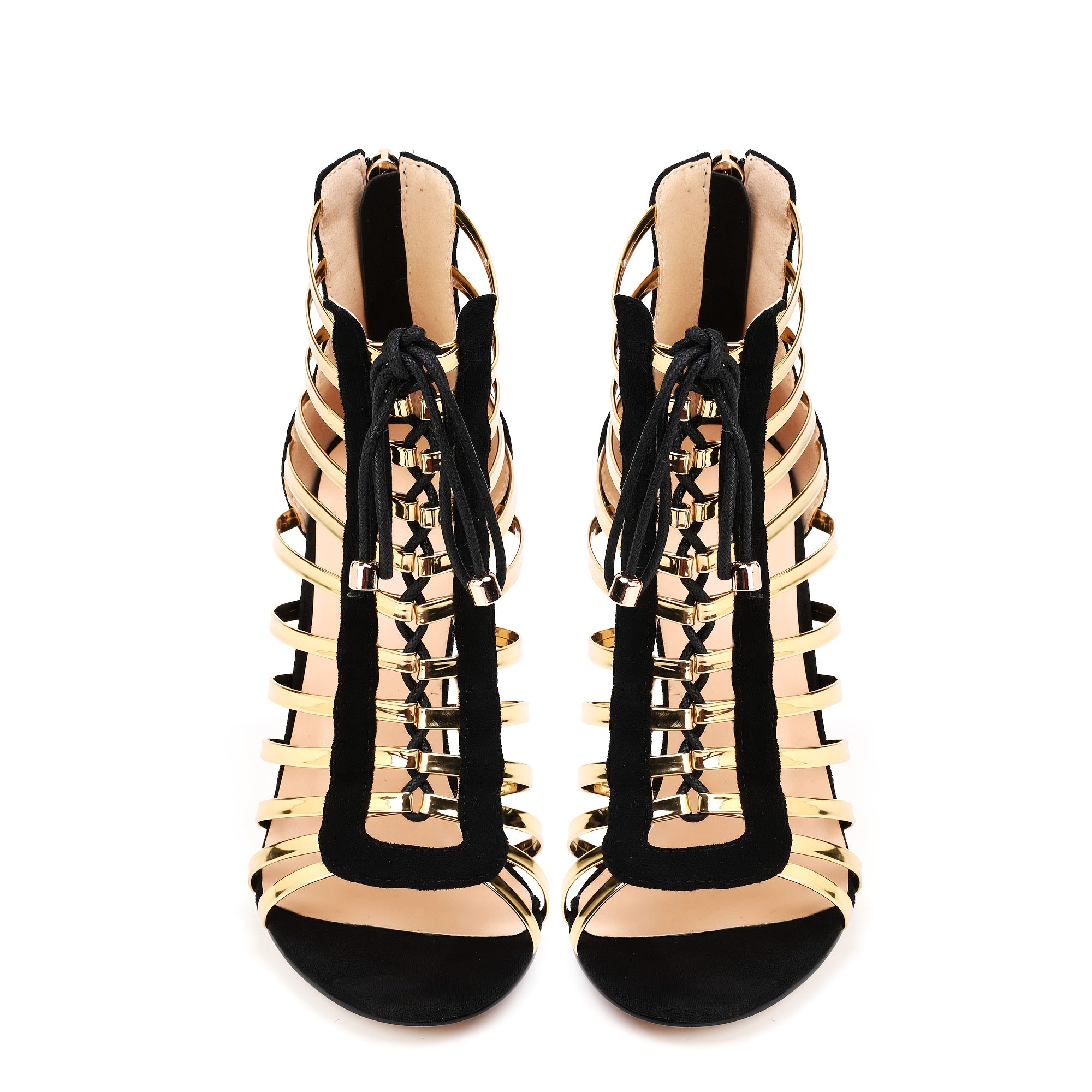 Womens Cutout Gladiator Lace Up High Heel - Open Toe Caged Stiletto Sandals Stripe Ankle Straps Strappy Dress Heeled Sandals Black Golden