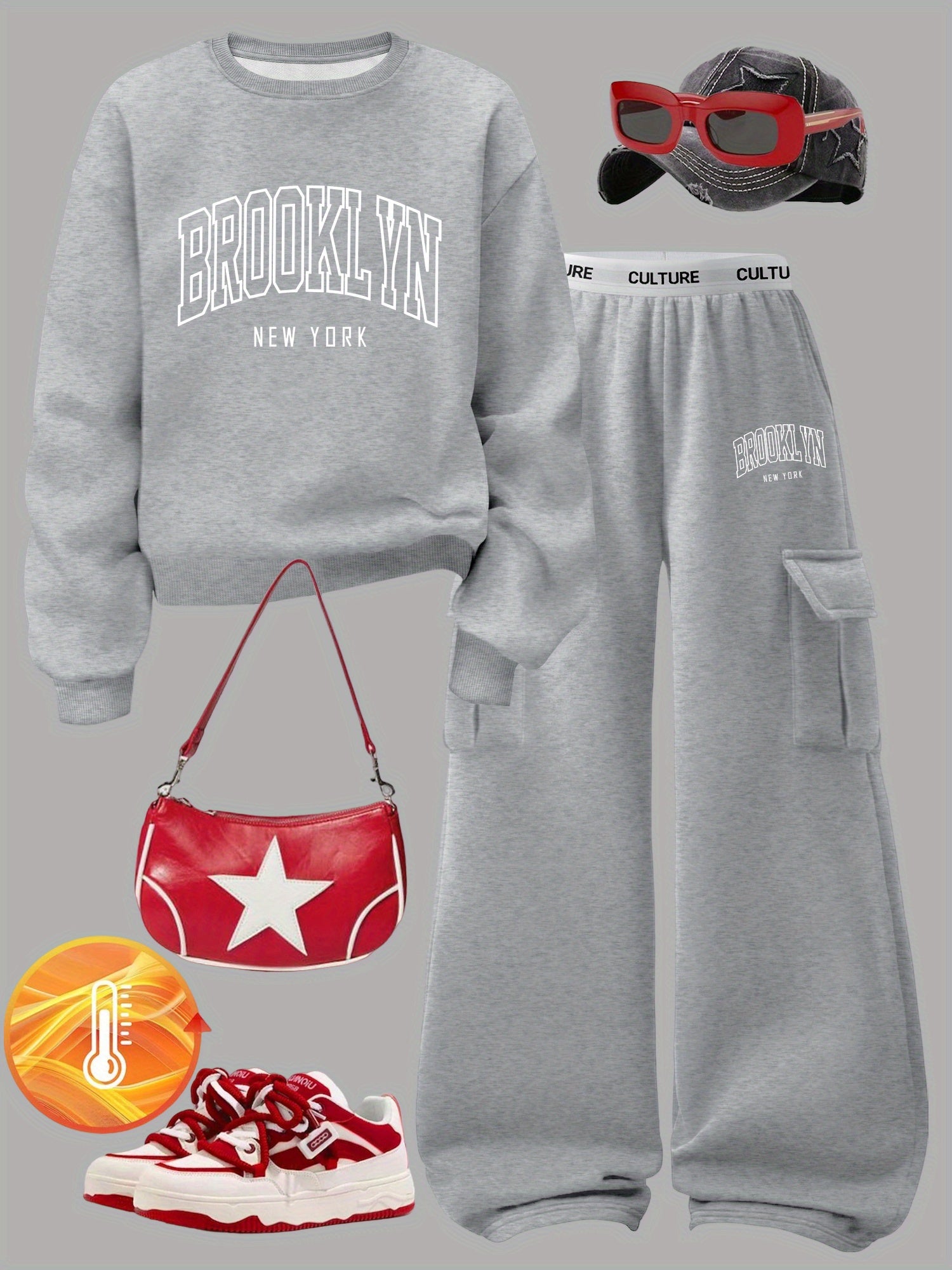 Women's Brooklyn New York Letter Print Sweatshirt Set - Casual Gray Long Sleeve Crewneck & Black Cargo Pants with Pockets, Polyester Blend, Perfect for Fall/Winter