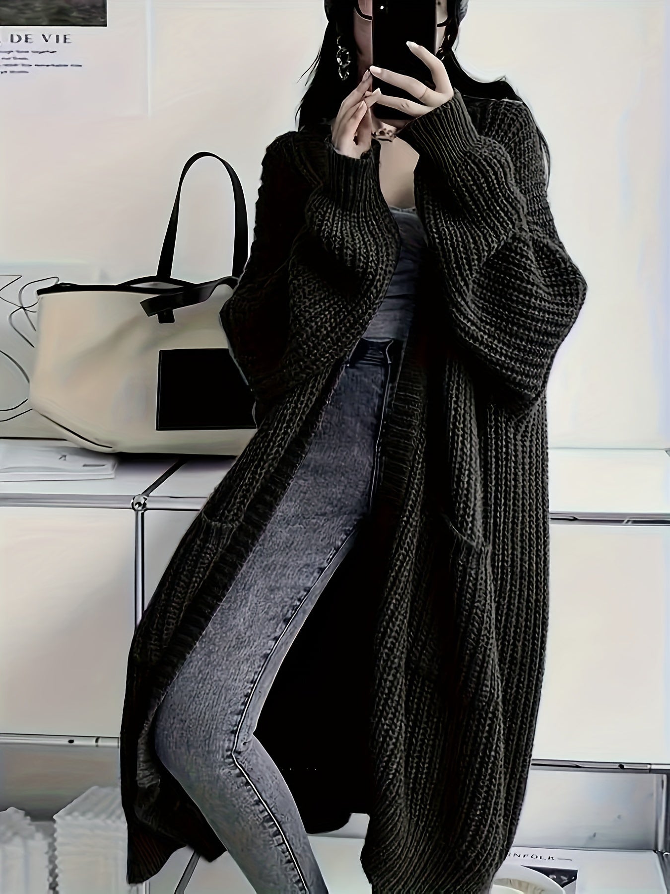 Women's Solid Color Open Front Knitted Cardigan, Long Sleeve, Spring/Fall Casual Wear