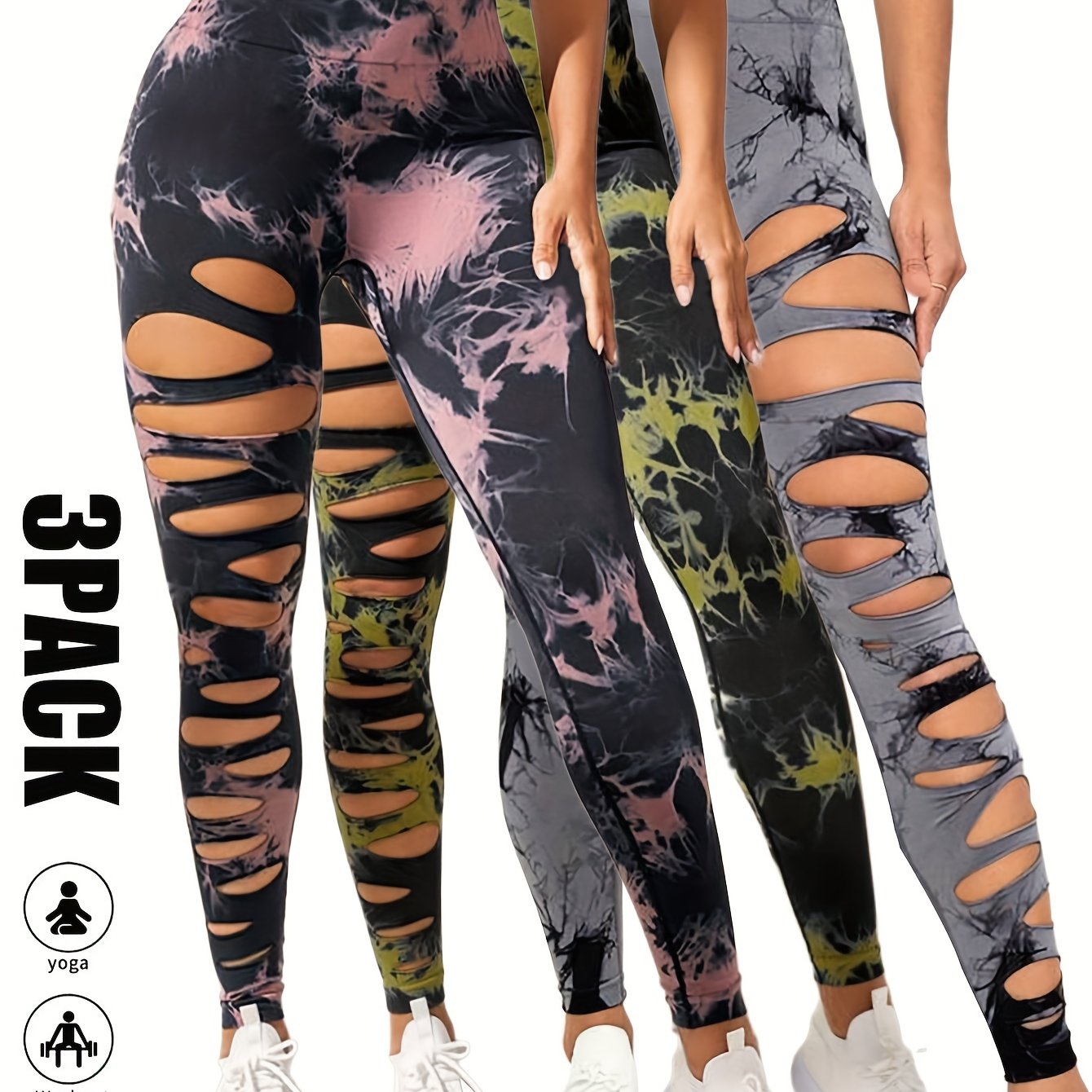 [3 Pack High Waist Yoga Leggings] 3 Pack Women's Tie Dye Cutout Tights High Waist Workout Yoga Leggings, Scrunch Butt Lifting Elastic Pants, Womens High Waist Yoga Pants Cutout Ripped Tummy Control Workout Running Yoga Skinny