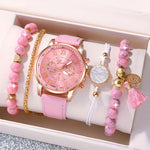 5pcs/Set Elegant College Style Women's Quartz Watch Set, PU Leather Strap Watch+Jewelry Set, Suitable for Daily Use or Gift Giving, Suitable for Wearing Throughout the Year