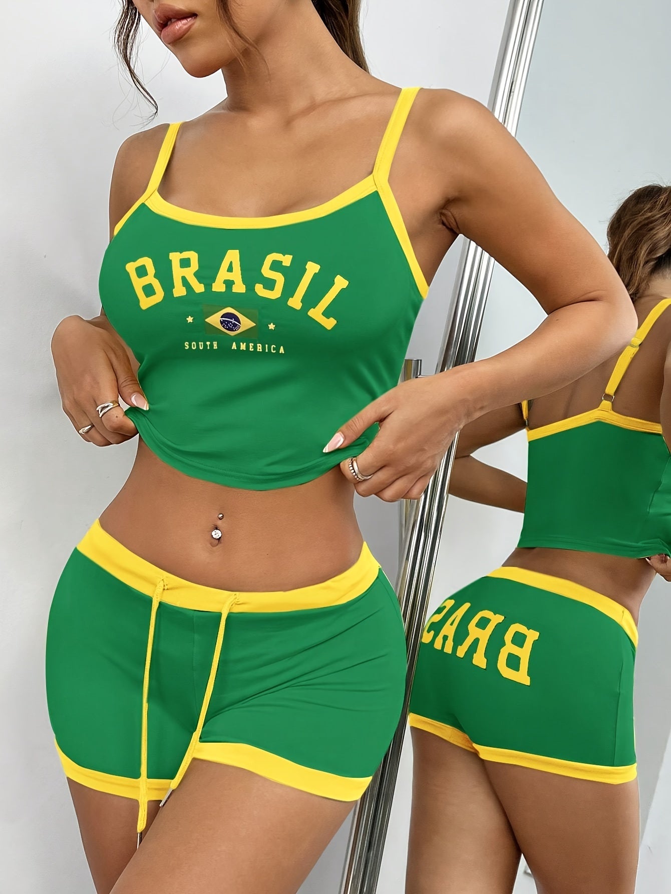 [Contrast Trim] Women's Casual Shorts Set - Letter & Brazil Flag Print Crew Neck Cami Top & Drawstring Waist Slim Shorts