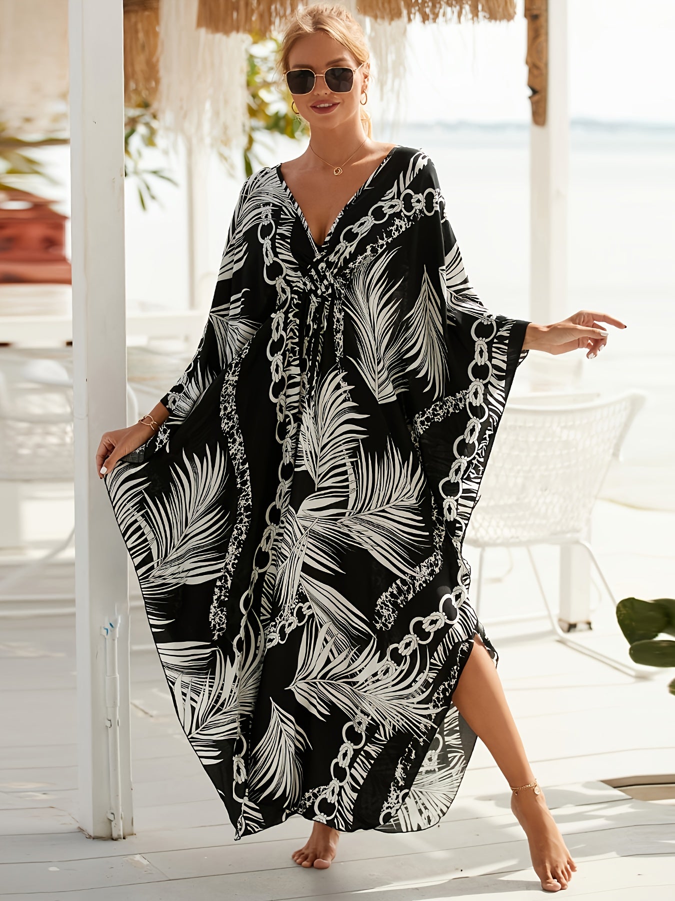 Plus Size Boho Viscose Beach Cover Up Dress - All Over Print Knotted V-Neck Pullover with Woven Fabric, Non-Stretch