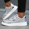 Women'S Glittery Sequin Sneakers - Golden & White Low-Top Lace-Up Casual Skate Shoes with MD Sole, Fabric Insole, and Synthetic Upper for All Season