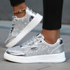 Women'S Glittery Sequin Sneakers - Golden & White Low-Top Lace-Up Casual Skate Shoes with MD Sole, Fabric Insole, and Synthetic Upper for All Season