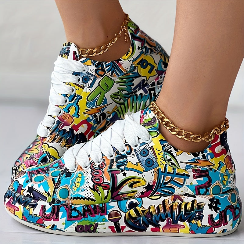 Womens Graffiti Art Sneakers - Stylish Lace-Up Platform Shoes with Comfortable Low Top Design - Perfect for Sports & Casual Wear - Fashionable Skate Style