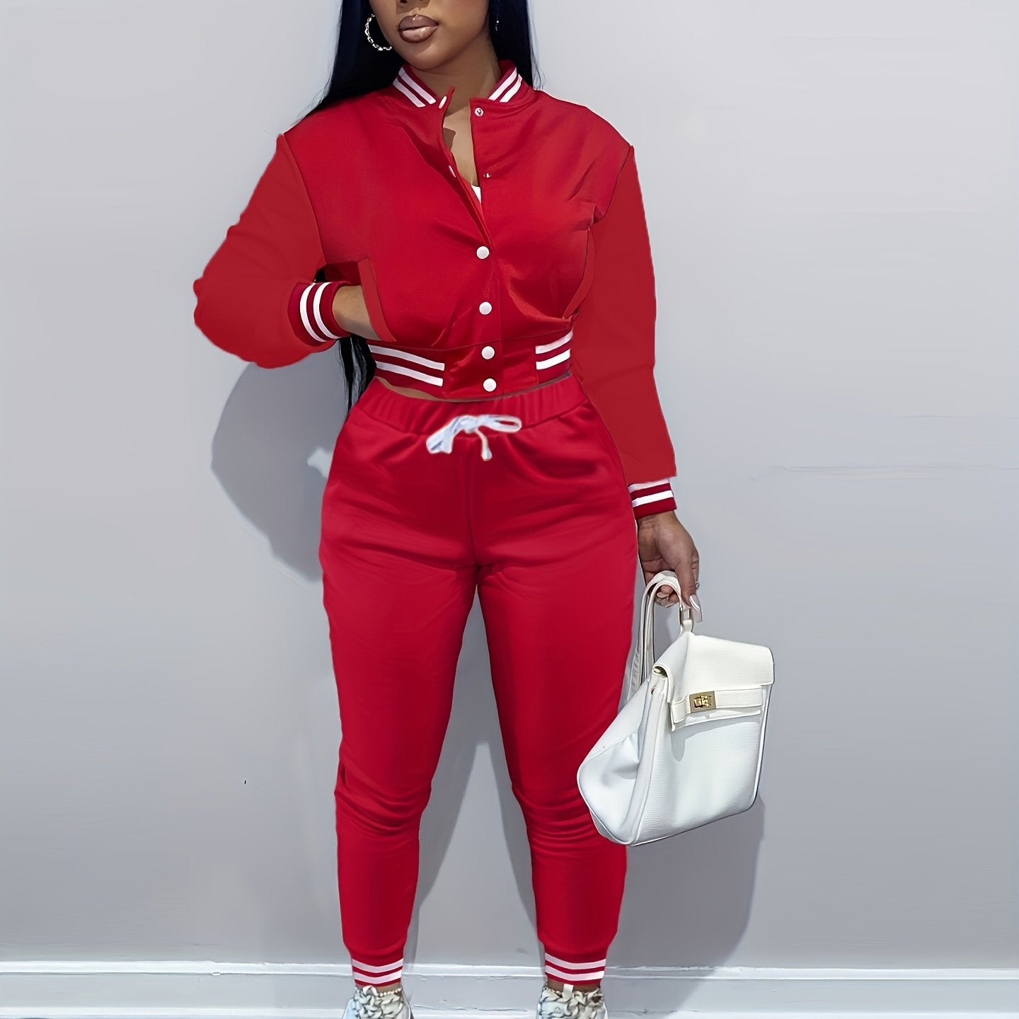 Casual Two-piece Set, Button Front Bomber Jacket & Drawstring Pants Outfits, Women's Clothing
