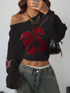 Elegant Women's V-Neck Knit Sweater - Long Sleeve, Color Block with "ESP" Lettering & Star Pattern, Semi-Sheer Acrylic Pullover for Summer, Hand Wash or Dry Clean, White & Red Design, Ladies Sweaters