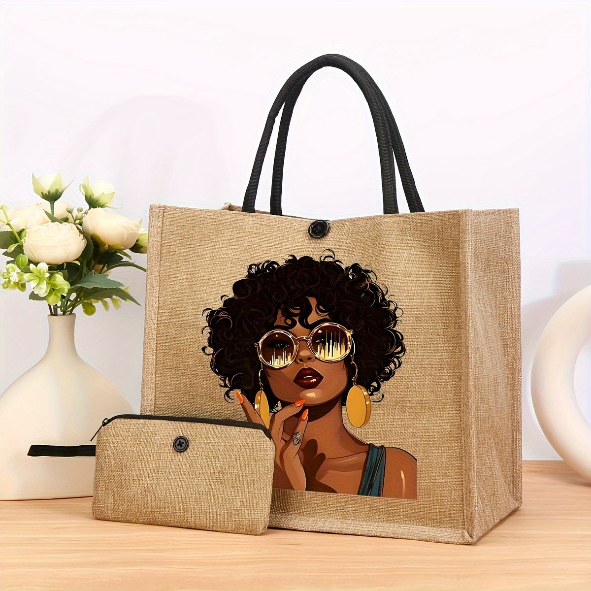 2-Piece Set Women's Fashion Printed Tote Bag and Mini Coin Purse - Casual Style, Machine Washable, Khaki Fabric with Shoulder Straps, Snap Closure, Polyester Lining, Position Print, No Oil Edging - For Women - Suitable for Ev