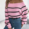 Women's Elegant Striped Off-Shoulder Knit Sweater, Casual Long Sleeve Pullover, Polyester, Fall/Winter Fashion, Ladies' Fashion Knitwear