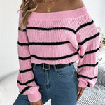 Women's Elegant Striped Off-Shoulder Knit Sweater, Casual Long Sleeve Pullover, Polyester, Fall/Winter Fashion, Ladies' Fashion Knitwear