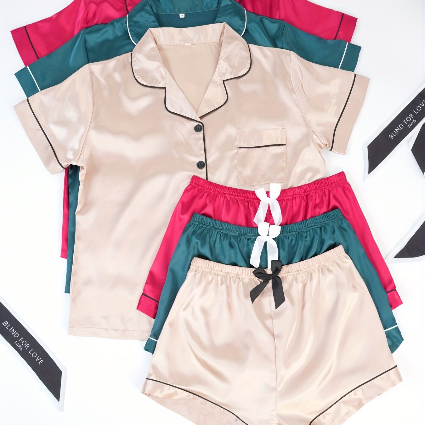 3-Piece Women's Satin Pajama Sets – Short Sleeve Lapel Top & Elastic Waist Shorts, Soft Loungewear Sleepwear Set