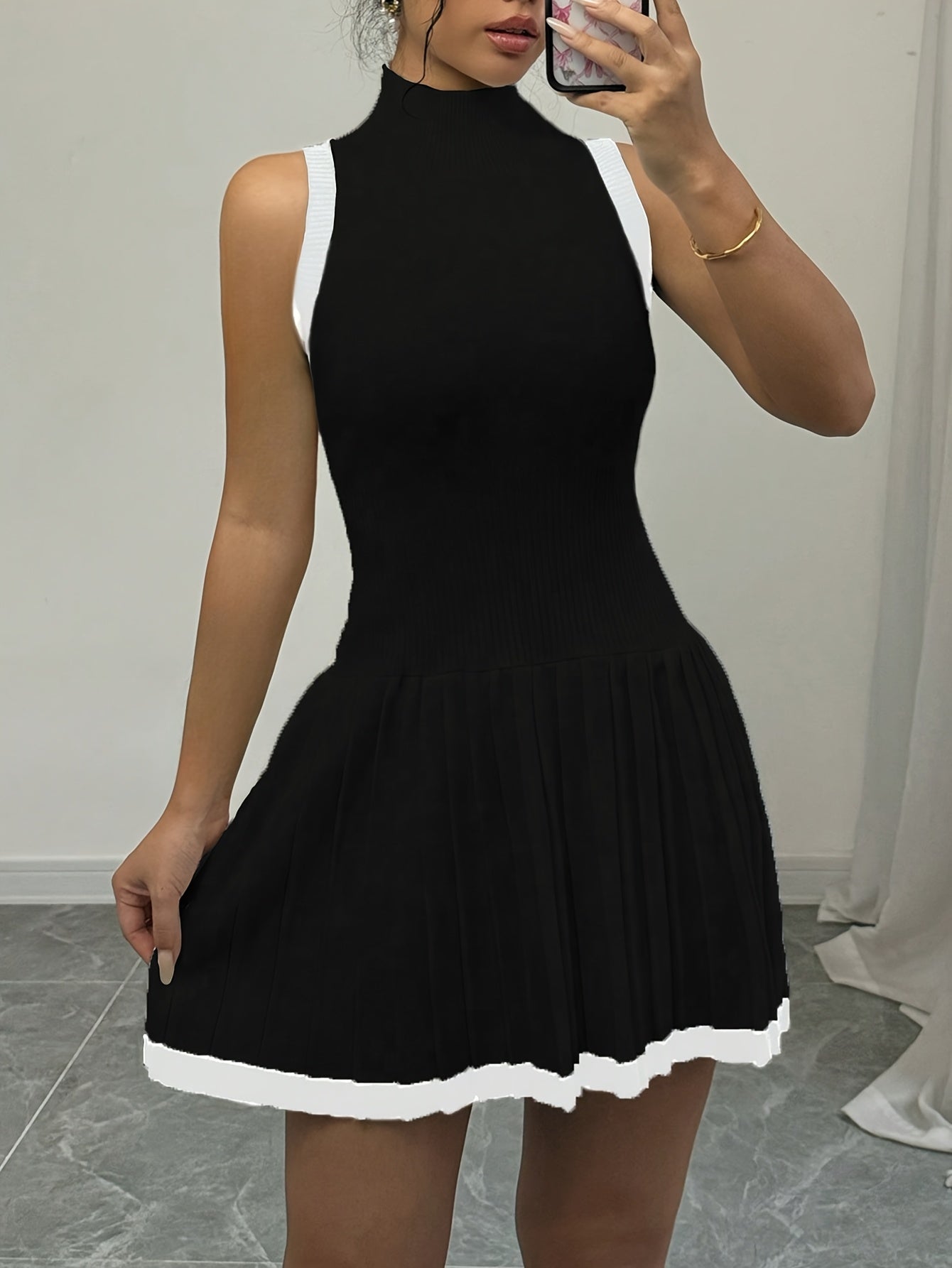1pc Elegant Summer Knit Dress for Women, Casual Style Color Block Sleeveless A-Line Dress with Stand Collar, Polyester 95% Spandex 5% Knit Fabric, Stand Collar