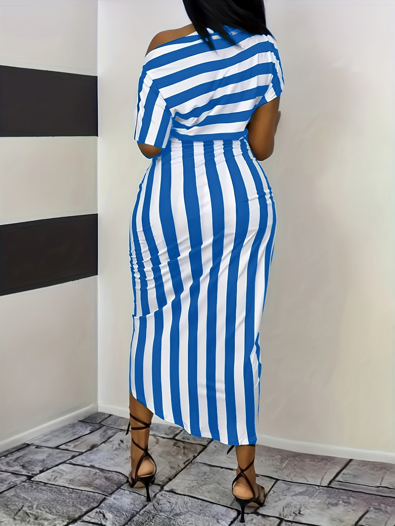 Striped One Shoulder Split Dress - Sexy Short Sleeve Dress For Summer - Women's Clothing - For Women - Perfect for Parties & Beach Vacations - Ideal Gift for Her