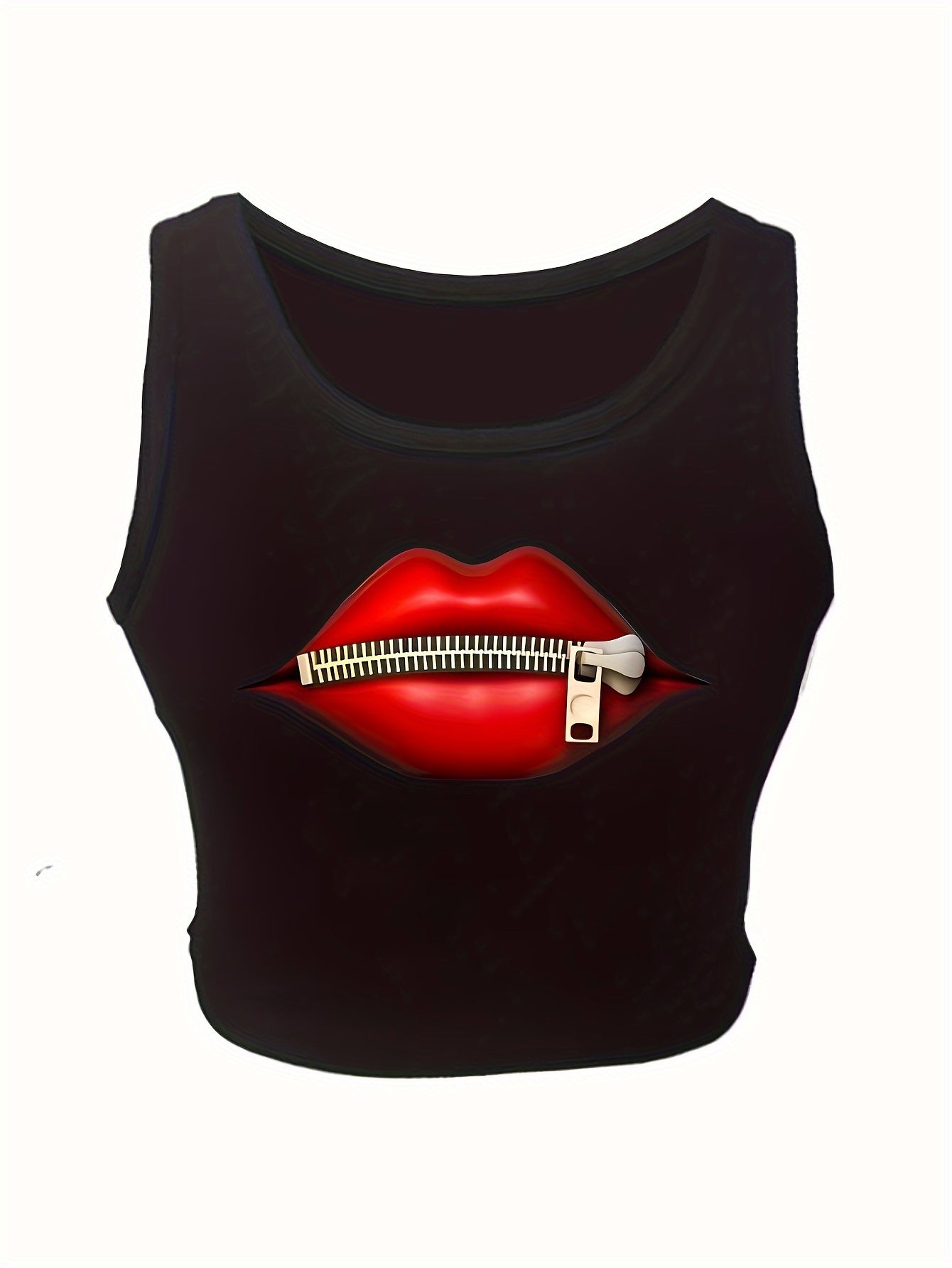 Valentine's Day Red Lip Print Round Neck High Elastic Tight Fit Print Short Top with Navel Exposed Women's Casual Sports Shirt