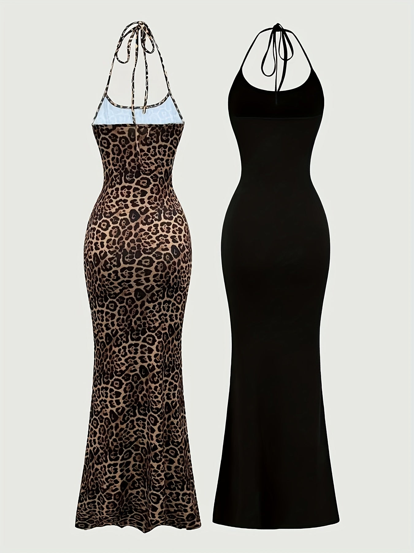 2pcs Women’s Elegant Halter Neck Backless Knit Dresses, Long Mermaid Tail, Stretchy Polyester & Elastane Blend, Solid Black and Leopard Print, Machine Washable, All-Season Bodycon Design, Versatile Fashion | Backless Gown |