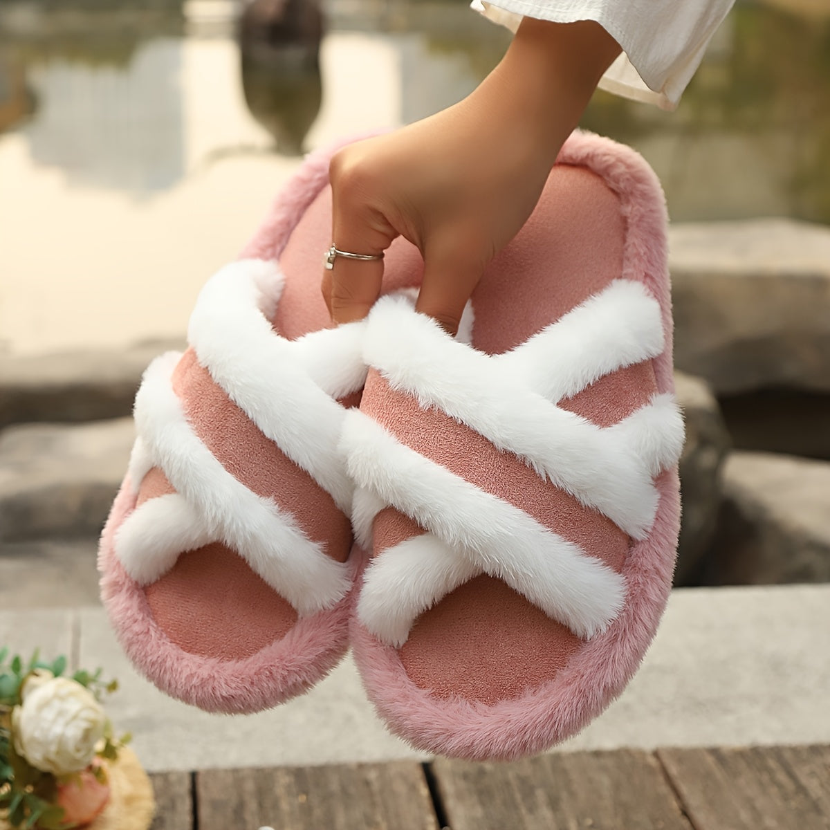 Women's Plush Slippers - Soft, Warm, Non-Slip Thick Sole Indoor/Outdoor Slides in Black & White, Brown & Gray, Beige & White Striped Patterns, Perfect for All Seasons, House Slippers