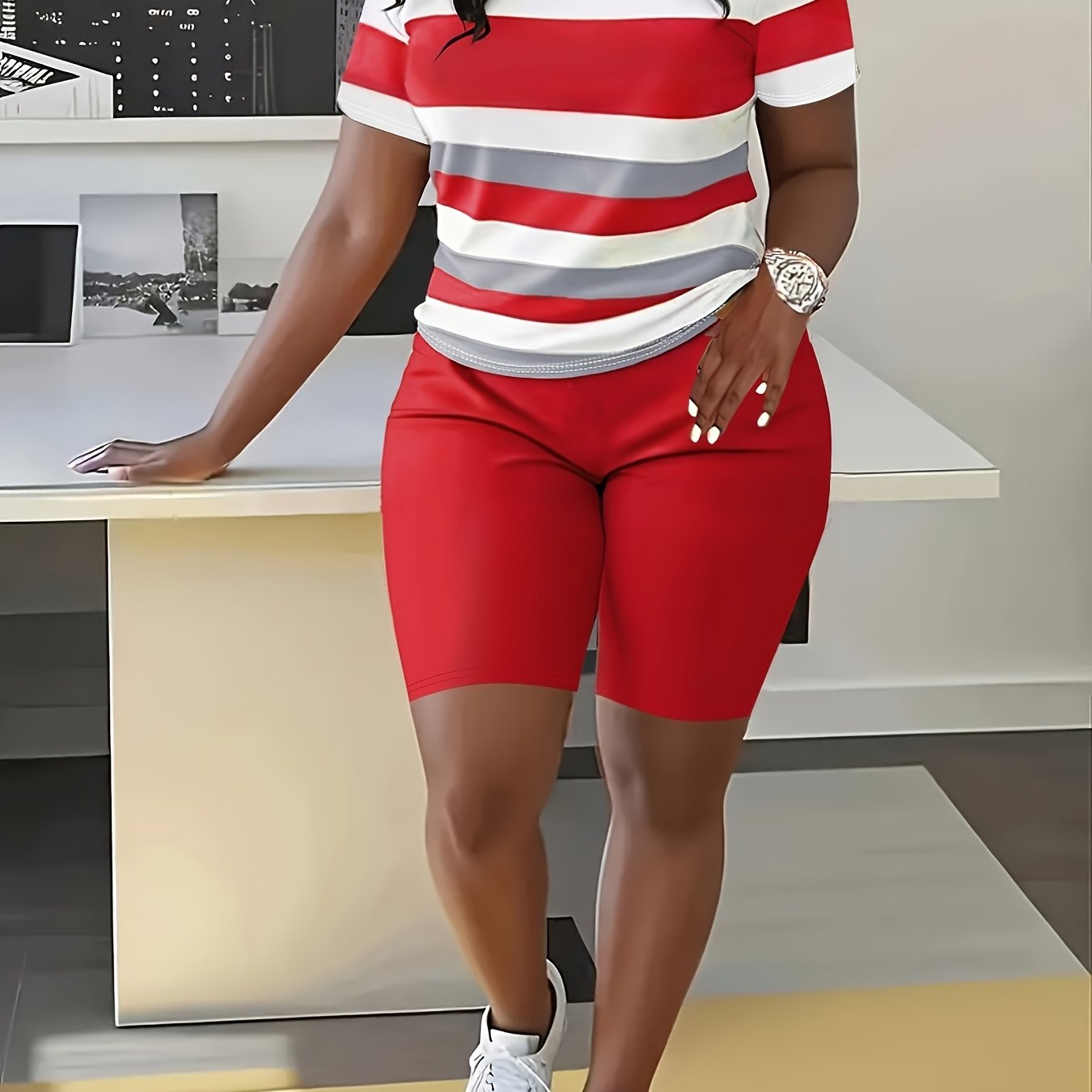 Striped Splicing Spring and Summer Casual Round Neck Short Two-Piece Set