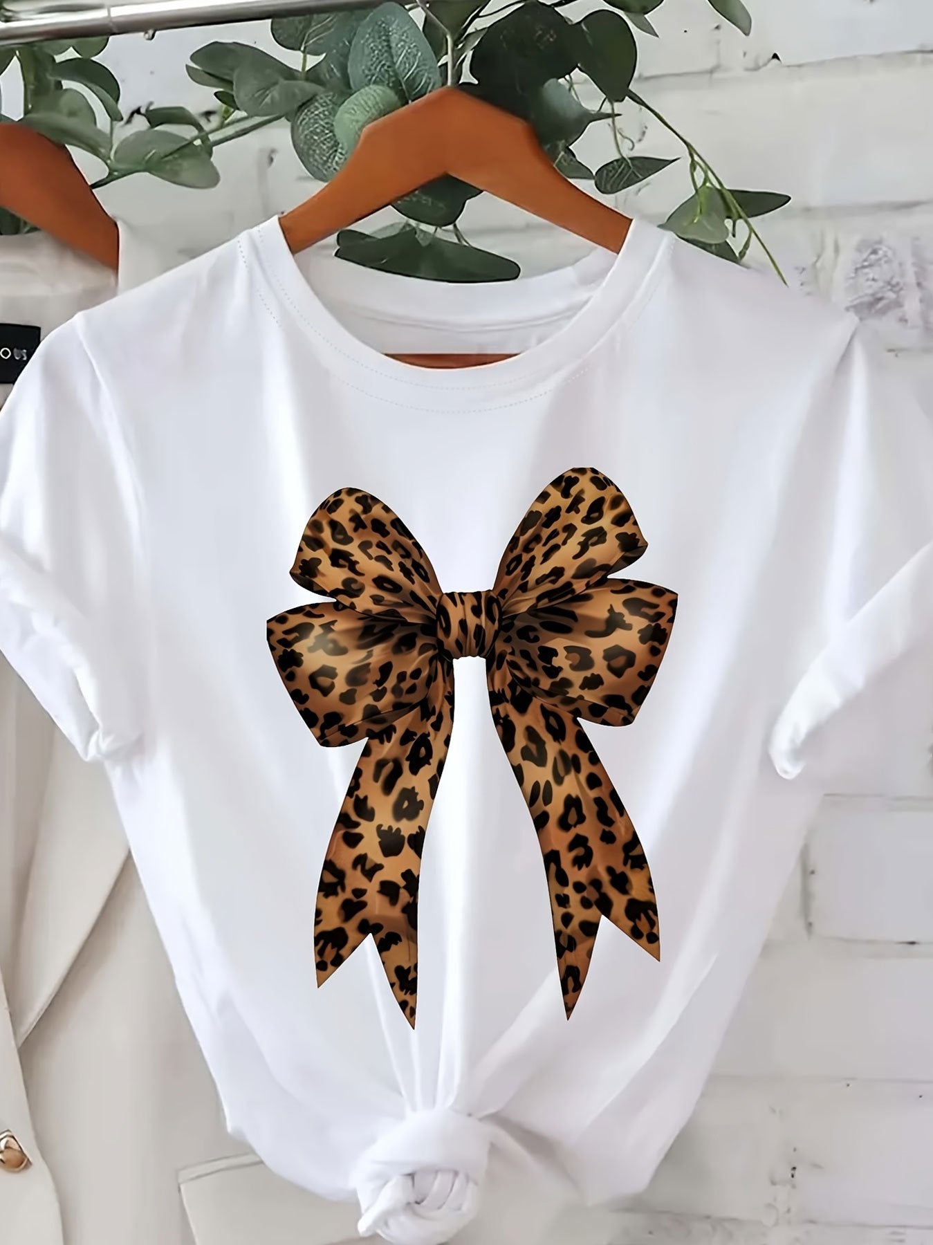Women's Casual Leopard Print Bowknot T-Shirt - Short Sleeve, Round Neck, Soft & Comfortable Fabric, Perfect for Spring/Summer Fashion, Green Graphic Tee with Stylish Bow Design, Casual Wear | Playful Graphic Tee | Stylish Gra