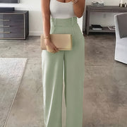1pc Elegant High-Waisted Wide Leg Pants for Women - Solid Color Polyester, All-Season Long Trousers, Woven Weave, No Belt Required