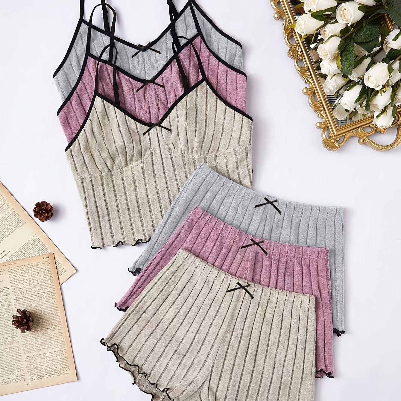 Spring Freshness – Women's 3-Piece Casual Ribbed Knit Set with Bow Detail: Off-Shoulder Top, Cami Tank, and Shorts (Apricot, Pink, Gray)