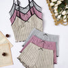 Spring Freshness – Women's 3-Piece Casual Ribbed Knit Set with Bow Detail: Off-Shoulder Top, Cami Tank, and Shorts (Apricot, Pink, Gray)