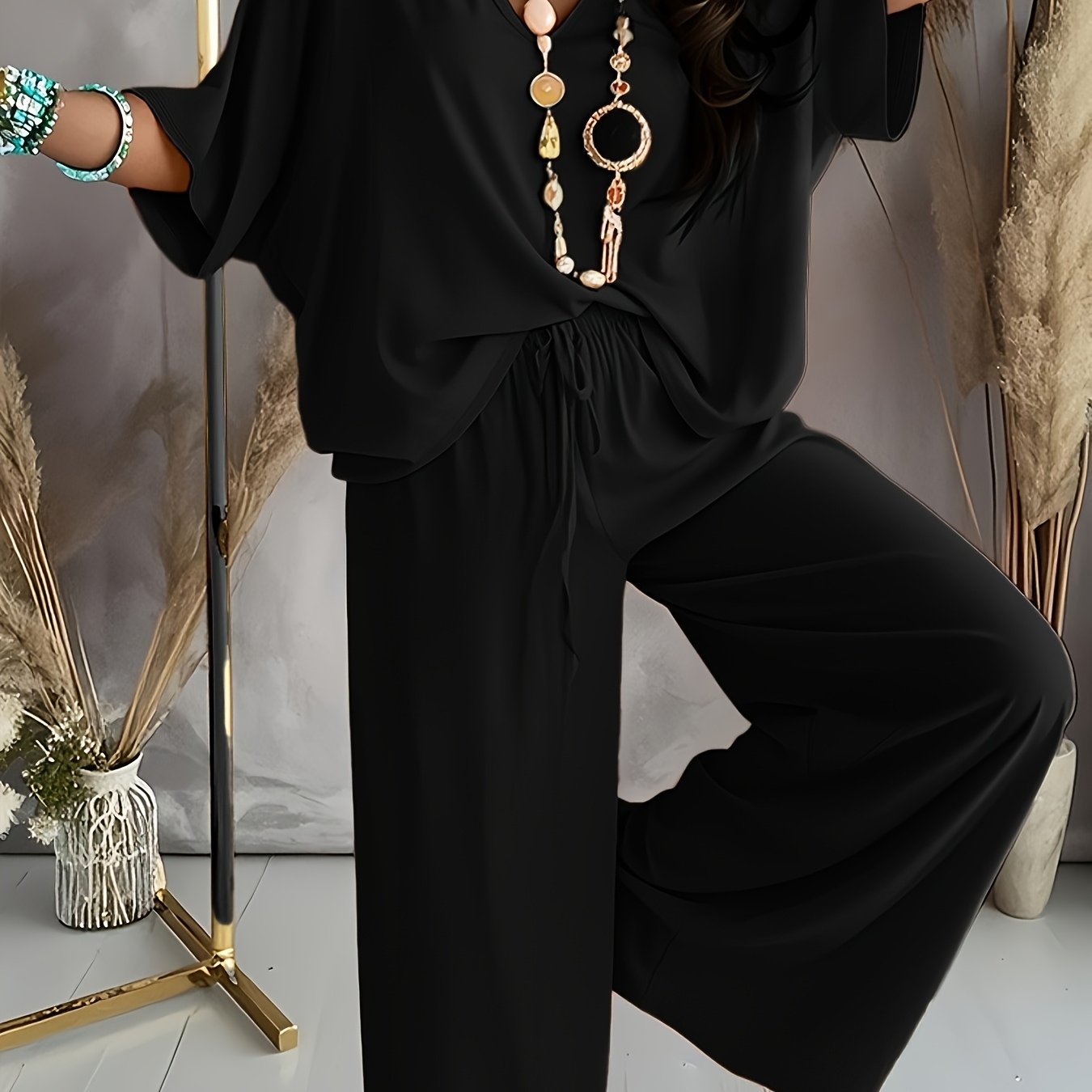 Casual Solid Color Pants Suit, Half Sleeve V-neck Top And Wide Leg Pants Clothing, Women'S Clothing