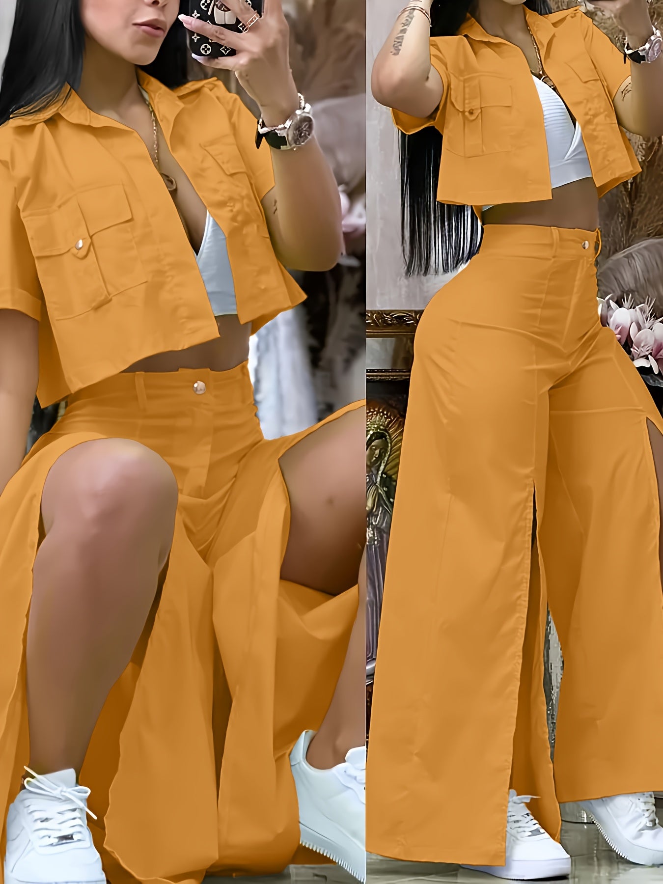 [Vibrant Yellow Set] Two-Piece Vibrant Yellow Women's Casual Set - Short Sleeve Button-Up Shirt & High-Waist Wide-Leg Pants with Thigh-High Slit, Polyester, Machine Washable