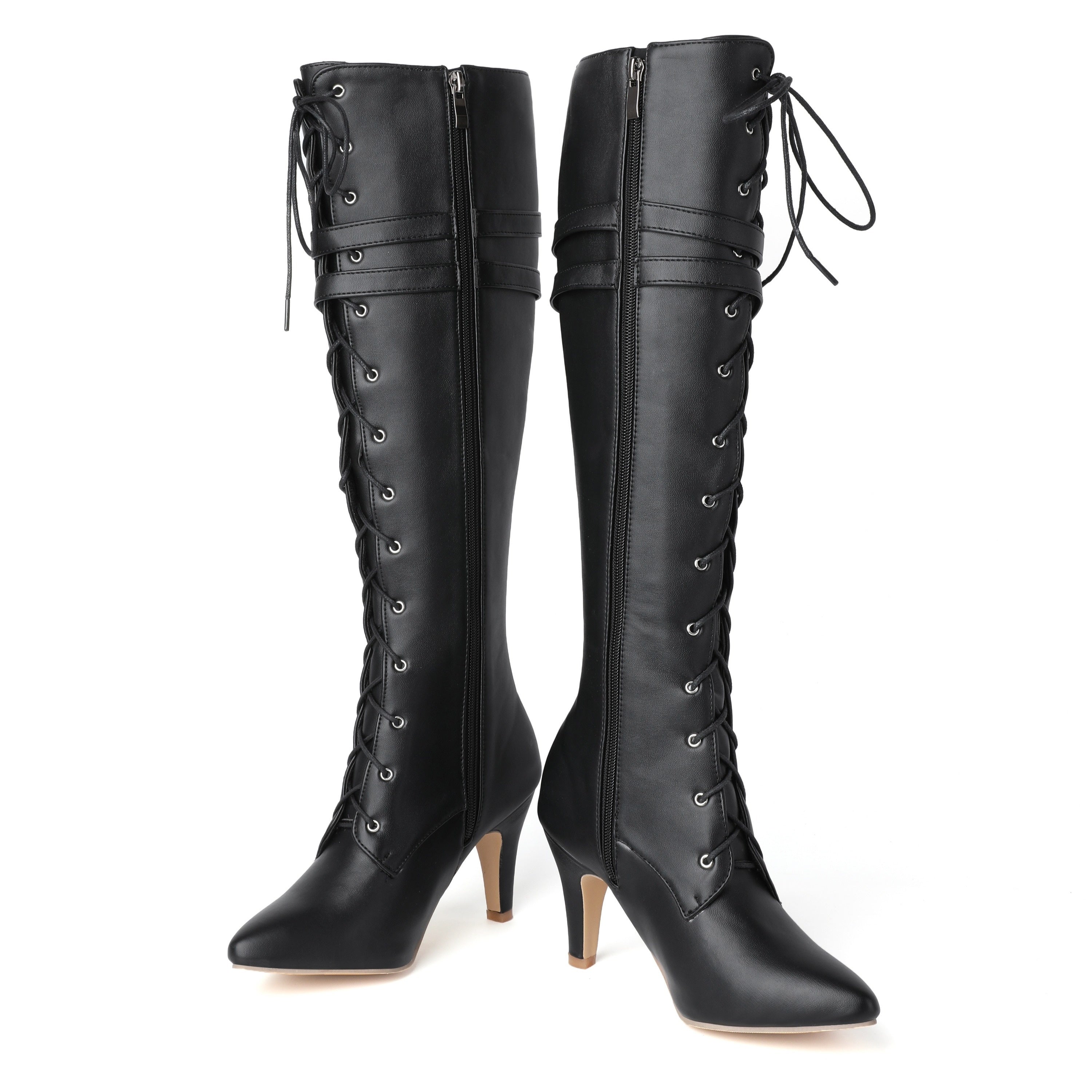 1pr Women'S Knee-High Boots - Solid Color, Pointed Toe, Flare Heel, Zipper, Man-Made Upper, Fabric Inner & Insole, Rubber Sole - Fashion High Heel Booties
