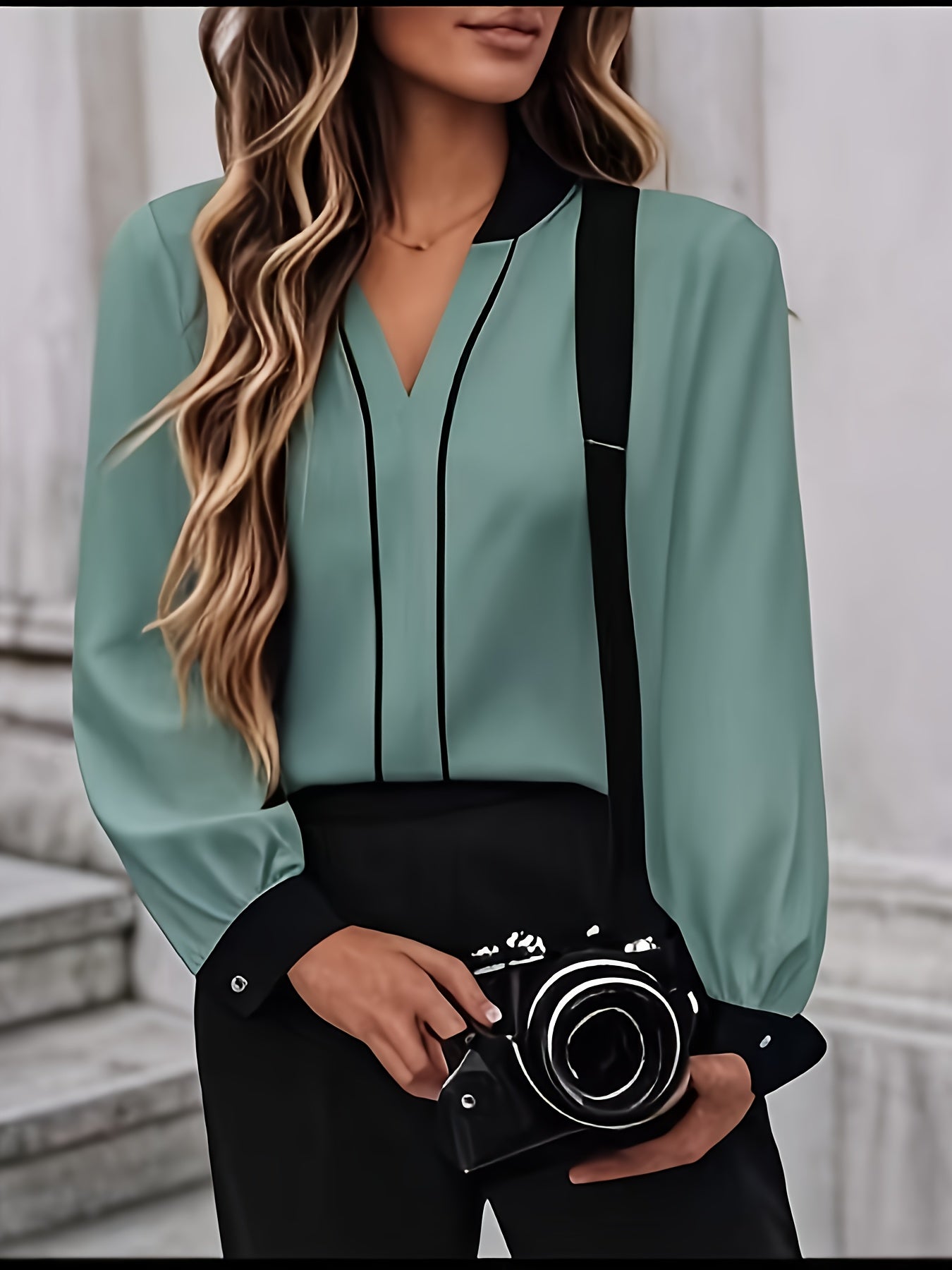 Women's Elegant Office Work Shirt, Color Block Cut-Out Collar Long Sleeve, Casual Fashion Two-Way Wear, Spring/Summer, Polyester, Solid Color, V-Neck, Adult, Woven Fabric