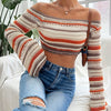 Elegant Off-Shoulder Colorblock Striped Knit Crop Top Sweater for Women - Chic Long Sleeve, Ribbed Texture, Polyester Blend, Perfect for Casual or Layered Outfits, Versatile Fashion | Offshoulder Sweater | Semisheer Fabric, K