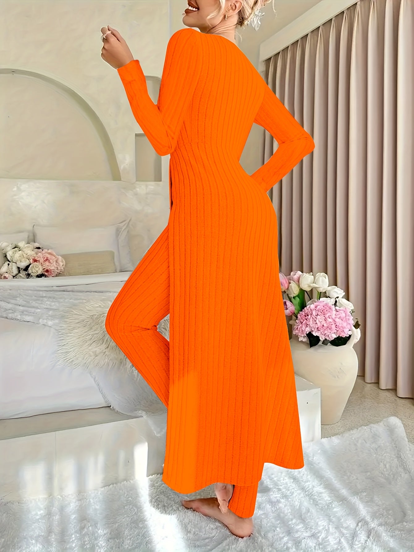 Short Sleeve V Neck Solid Color Ribbed Pants Set, Elastic Waist Slim Outfits with Long Length Top, Casual Women's Clothing