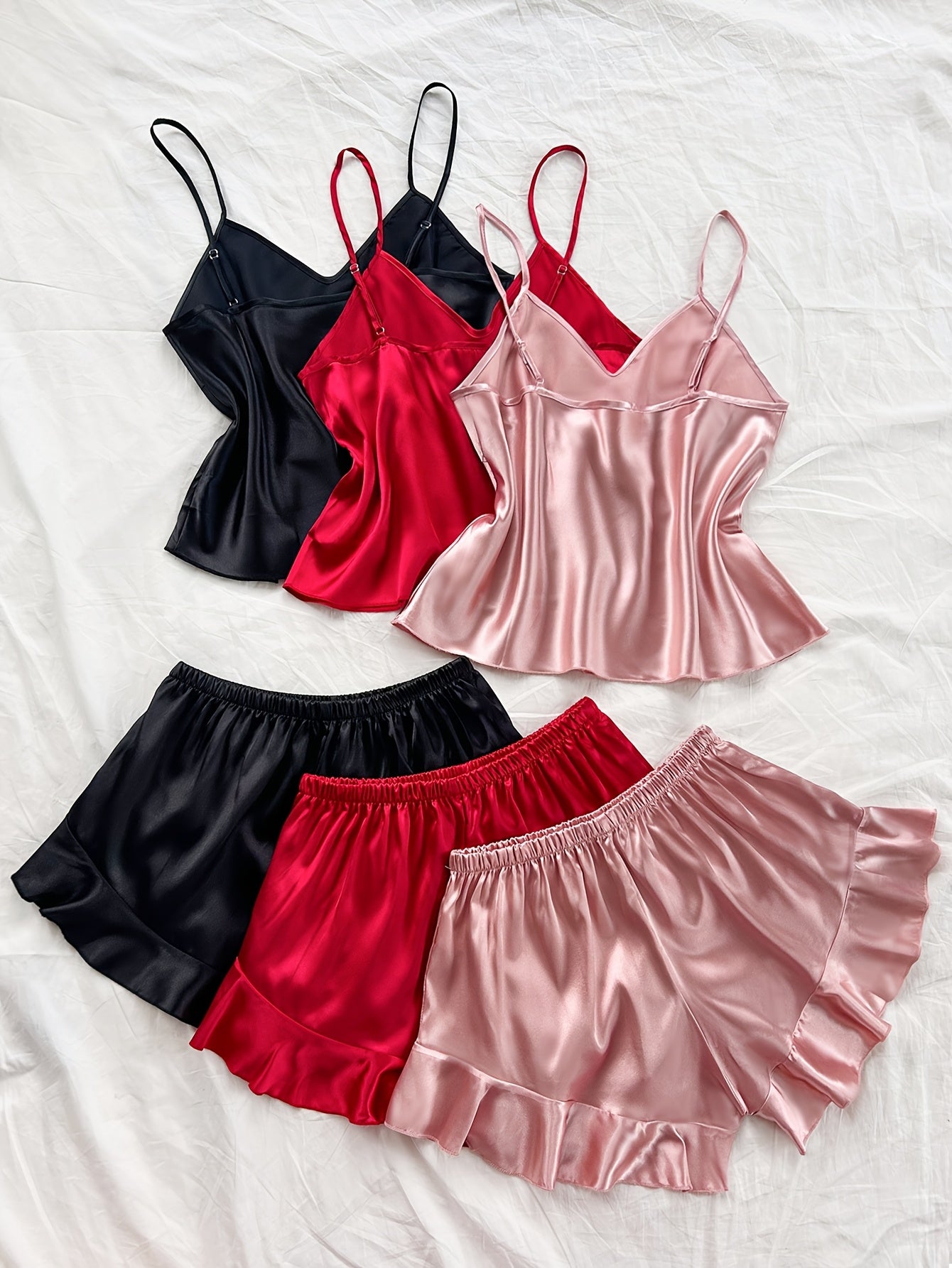 6pcs Set of Stylish And Sexy V-Neck Camisole And Ruffled Shorts Made of Faux Silky, Perfect for Casual And Comfortable Wear in All Seasons.