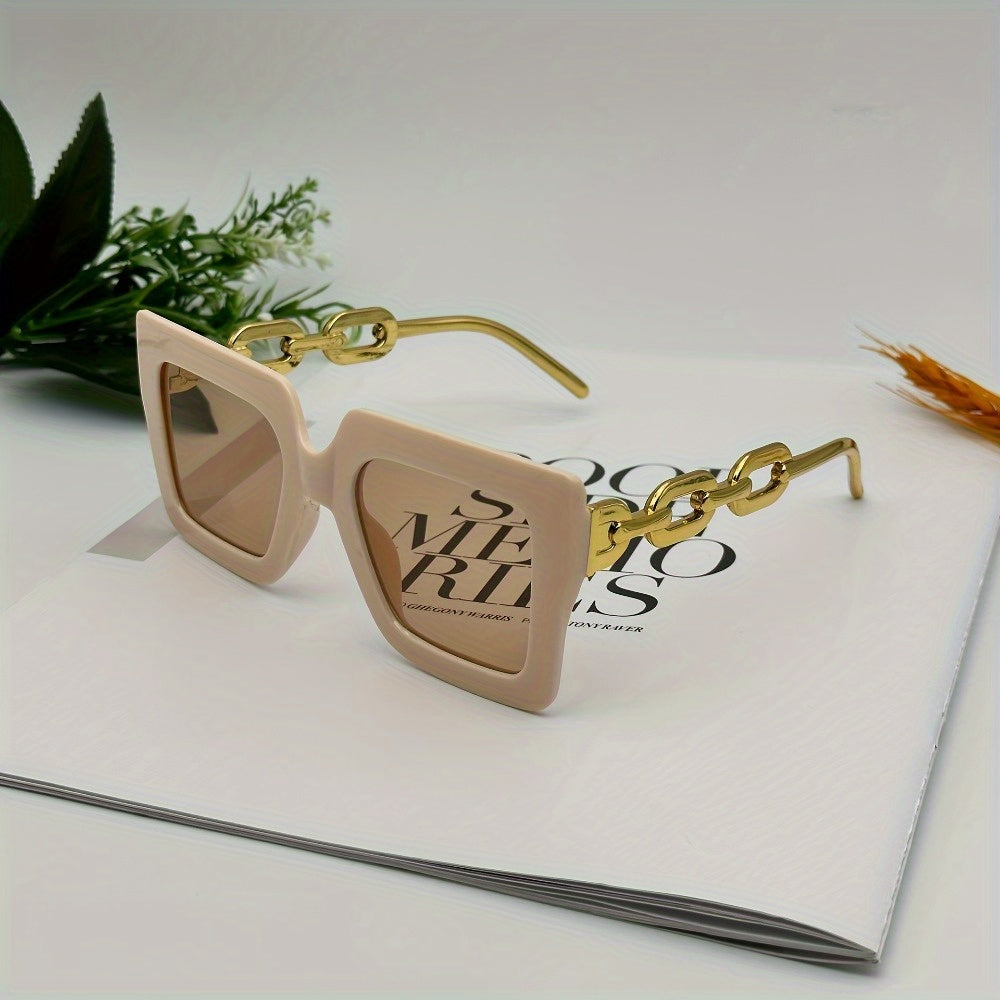 Ladies' Luxurious Square-shaped Fashionable Glasses, With Golden Chain Legs, Reflective Lenses, Transparent Frames, Very Suitable For Vacation And Casual Wear During Classes | Decorative Chain Details | Golden Decoration