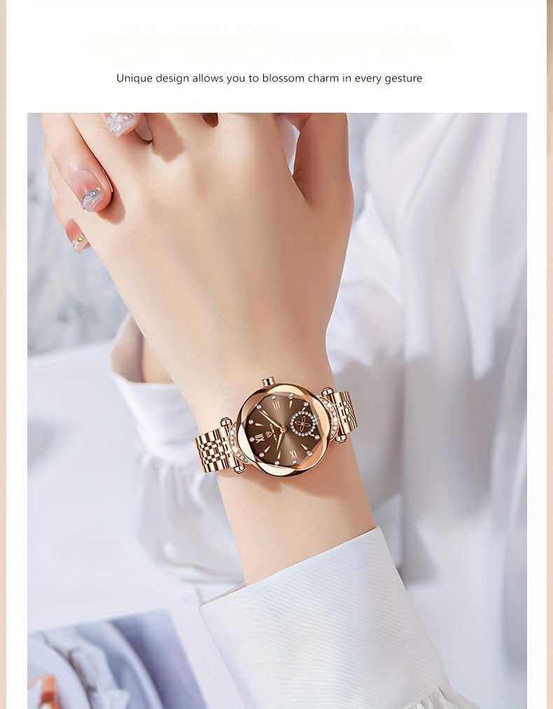 Elegant Women's Quartz Watch with Rhinestone Accents - Rose Golden Case & Stainless Steel Band, Roman Numerals, Independent Second Hand - Ideal for Business or Formal Wear - Perfect Mother's Day, Christmas, or Back-to-School