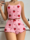 Charming Women's Heart Print Cami & Shorts Set – Cute Red & White Summer Knit Outfit with Bow Detail, Stretchy Polyester Blend