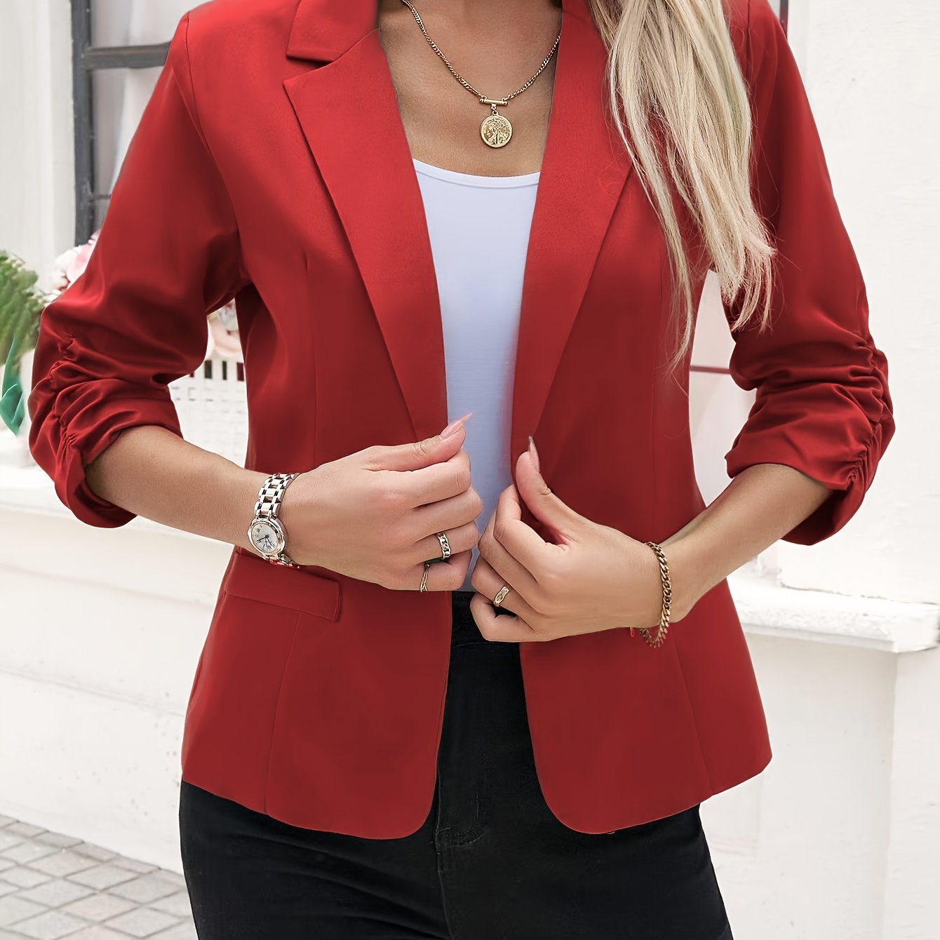 Women's Light Beige Casual Blazer - Open Front, 3/4 Sleeve, Polyester, Machine Washable, X-Shaped Silhouette, Perfect for Spring & Fall