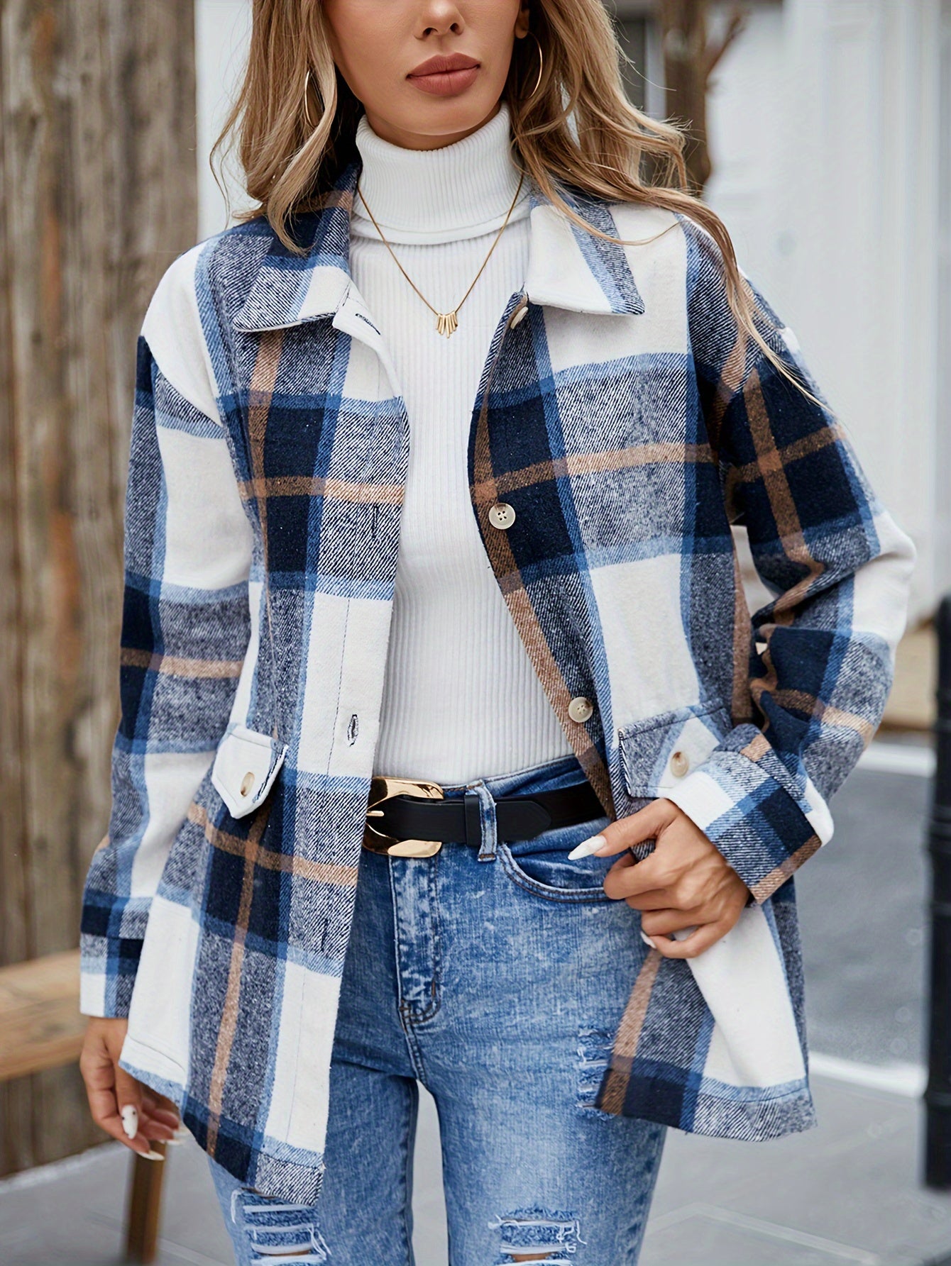 Elegant Plaid Long Sleeve Shirt, Women'S Blue, Polyester, Lapel Collar, Woven, 120gsm, for Spring/Summer