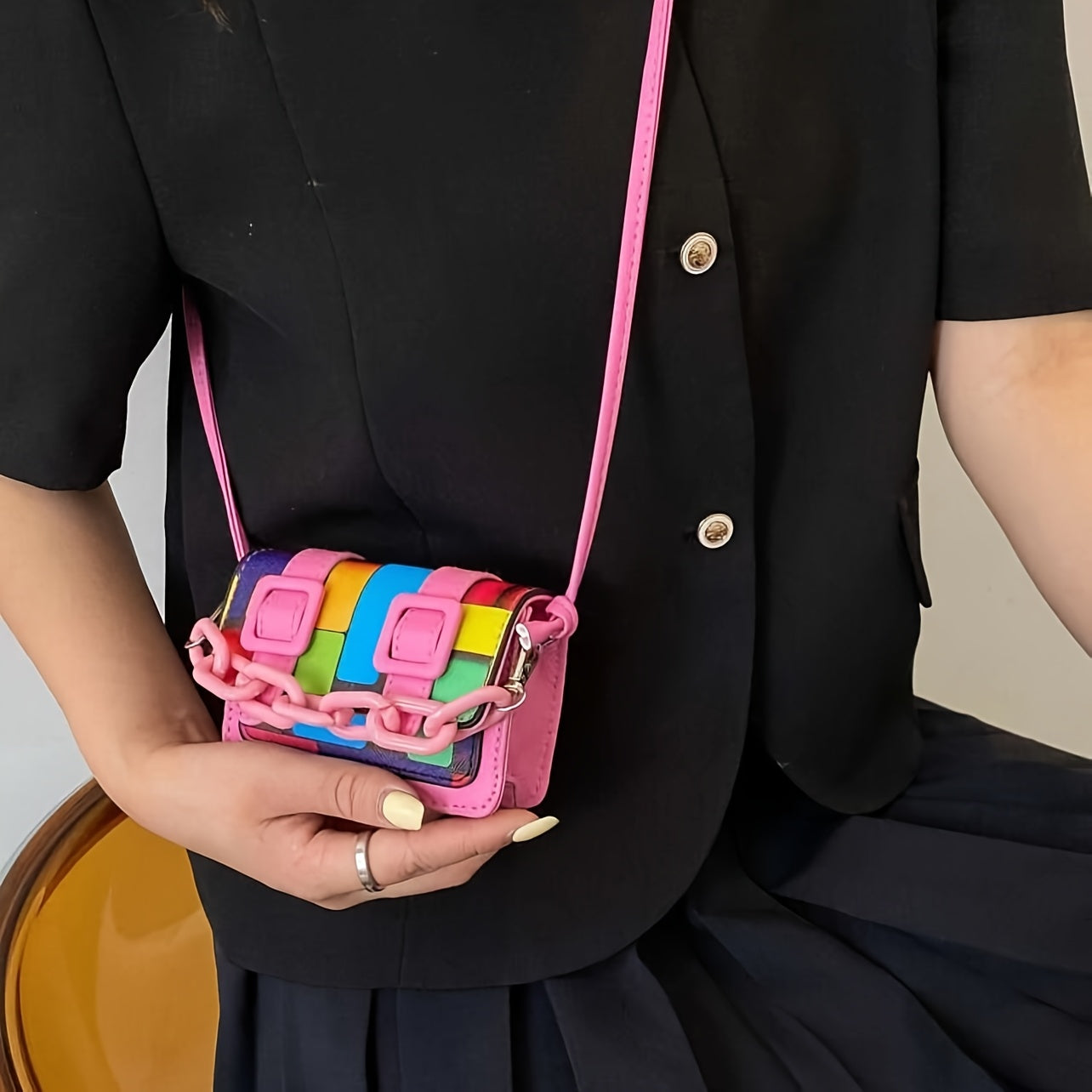 Color Block Mini Acrylic Chain Crossbody Bag - Vibrant Rainbow Pattern, Adjustable Strap, Magnetic Closure, Black Faux Leather, Stylish Accessory|Chain Strap Bag|Magnetic Closure Bag