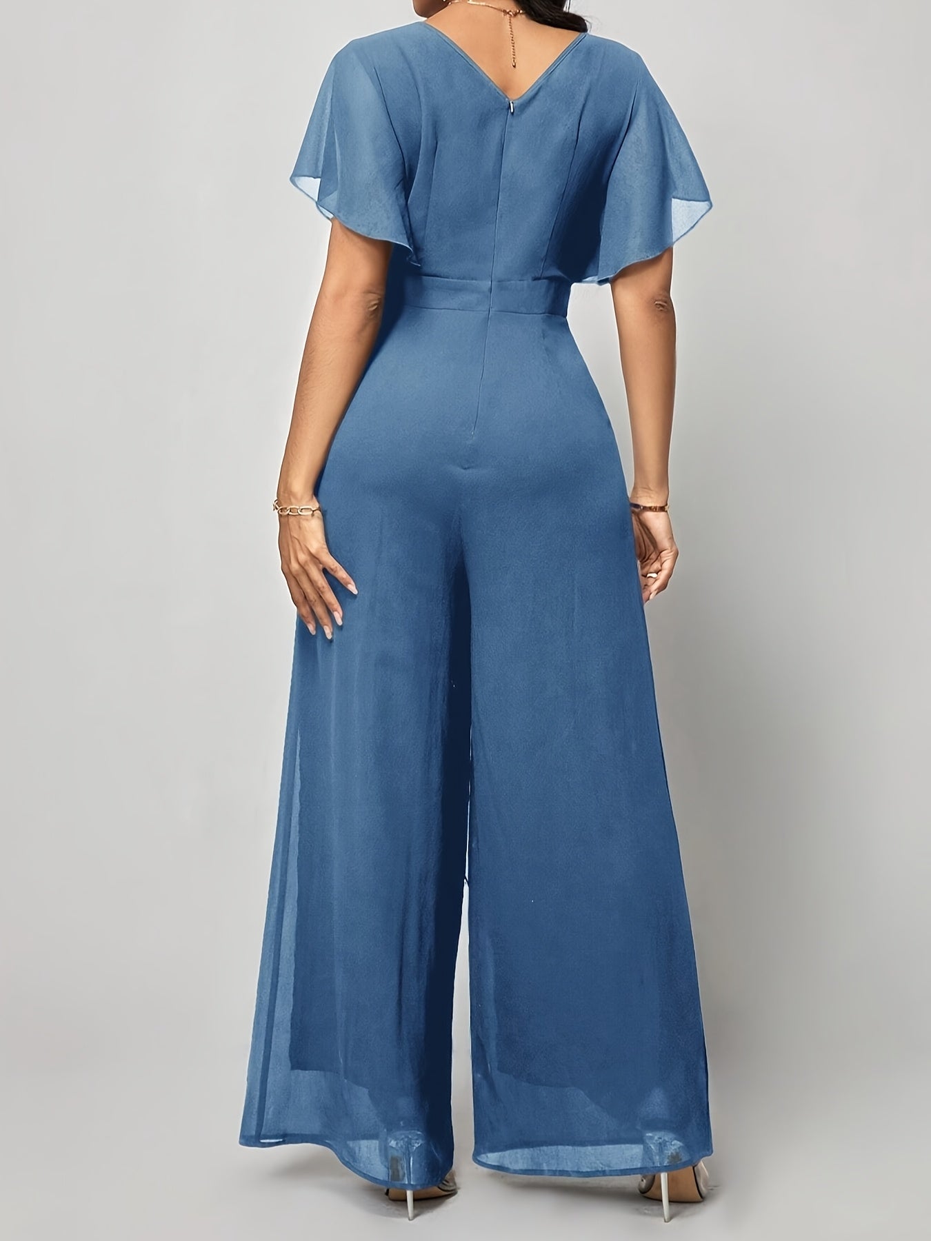 Elegant Green V-Neck Jumpsuit for Women - Solid Color, Wide Leg with Ruffle Sleeves & Tie Waist, Lightweight Polyester, Machine Washable - Perfect for Spring & Summer