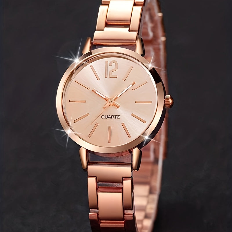Fashionable Women'S Quartz Watch And Bracelet Set, Analog Round Dial, Shock-Resistant Alloy Band And Case, Non- with Button Battery - 1 Watch + 1 Bracelet Combination Package, Gift for Eid, Ramadan