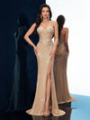 QOQ Women's Elegant Apricot Sequin Evening Dress - Long Sleeveless Bodycon Formal Gown with Fish Tail Hem, Medium Stretch Fabric for Spring/Summer Events, Glamorous Event Attire, Sophisticated Silhouette, Rhinestone Embellish
