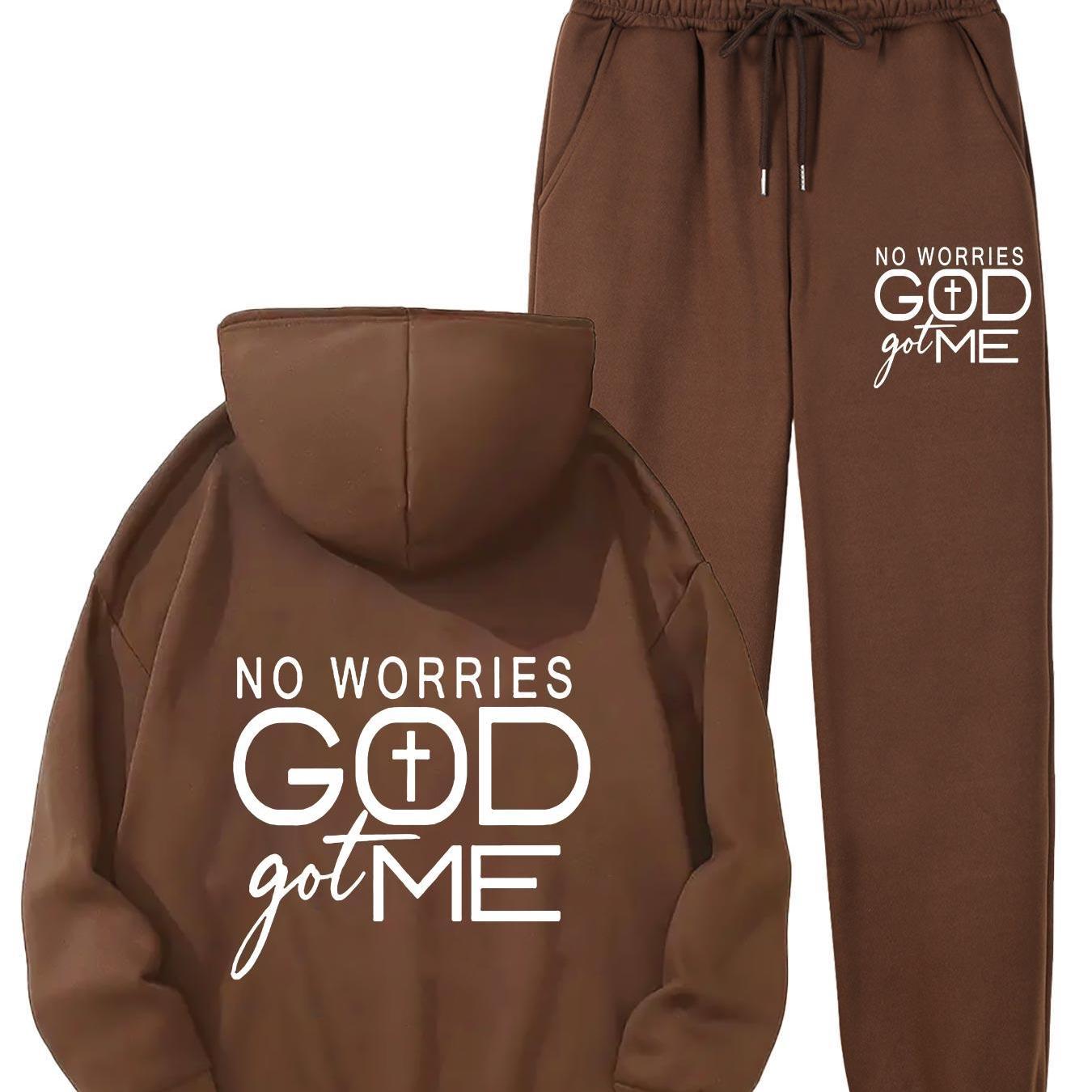 No Worries GOD Got Me Printed Women's Casual Sports Set, Sports Kangaroo Pocket Hoodie Set, Women's 2pcs Warm Set