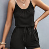 Women's Black Sleeveless Romper with Golden Chain Detail - Casual V-Neck Jumpsuit with Adjustable Drawstring Waist and Ring Accents, Perfect for Spring/Summer, Ladies Rompers And Jumpsuits