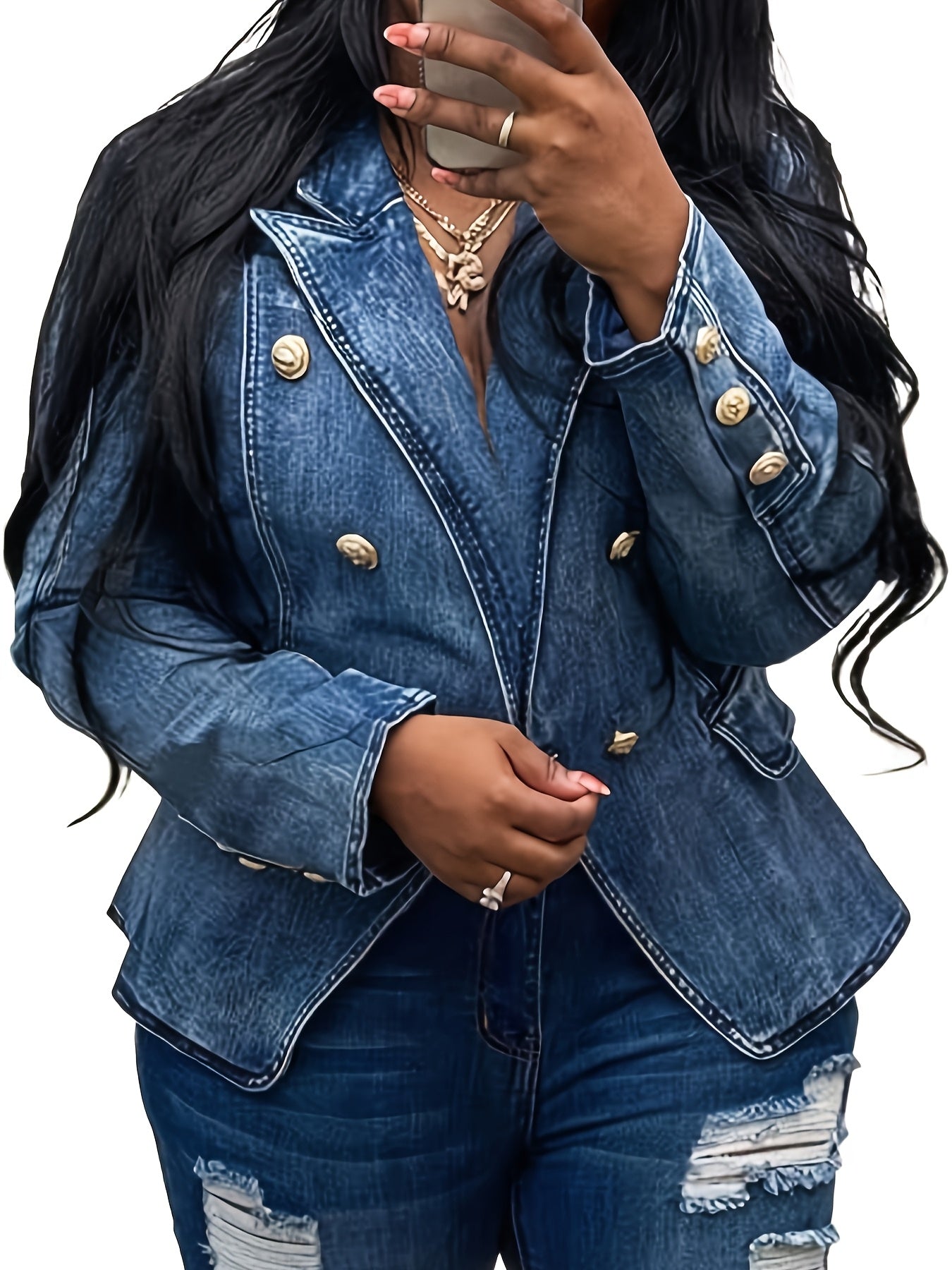 Blazers For Women Business Casual Denim Long Sleeves Lapel Double Breasted Jacket