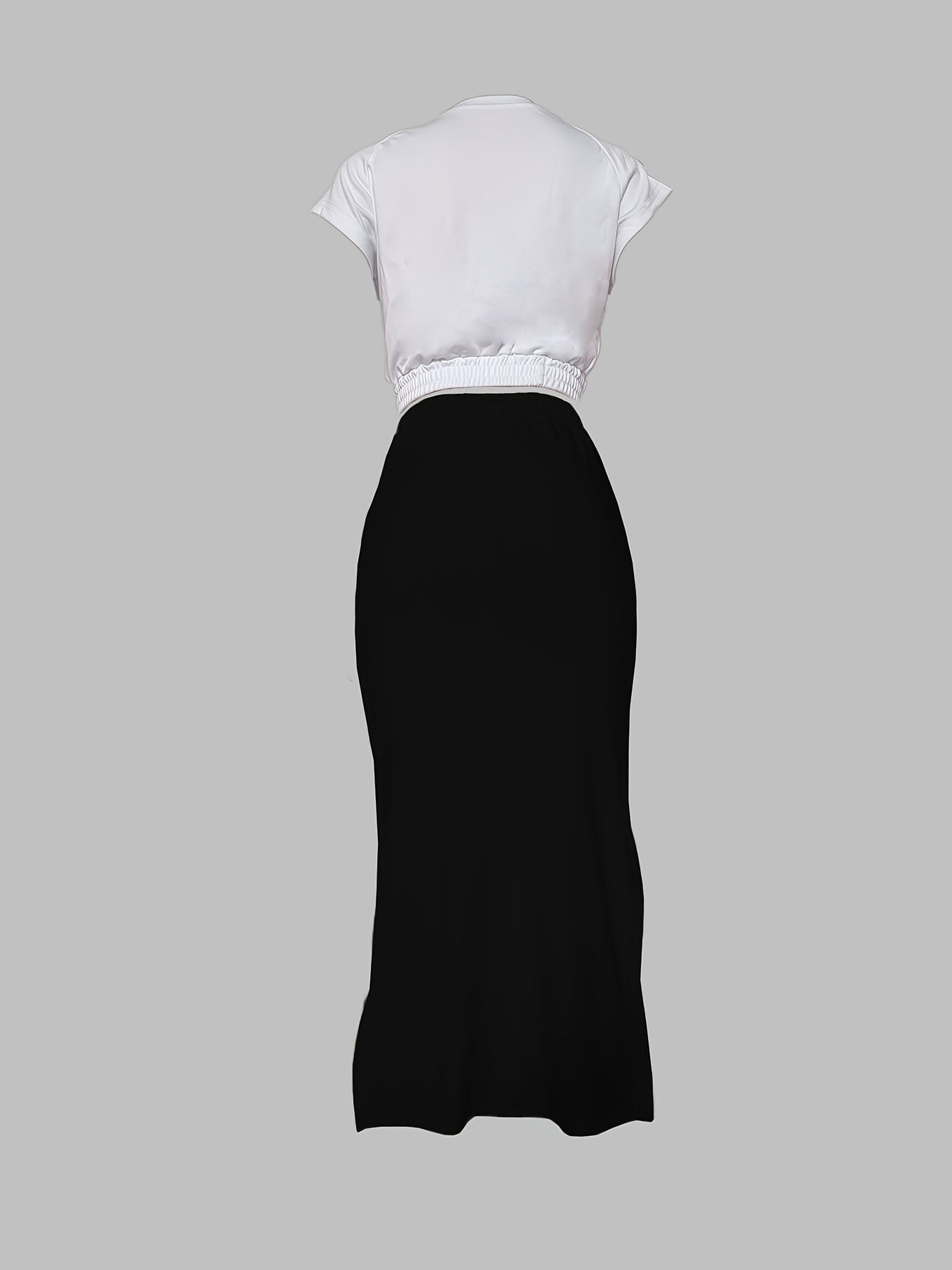 Letter Print Stylish Set, Crop Cap Sleeve Crew Neck Top & Slant Pocket Ankle Length Slit Skirt, Women's Clothing